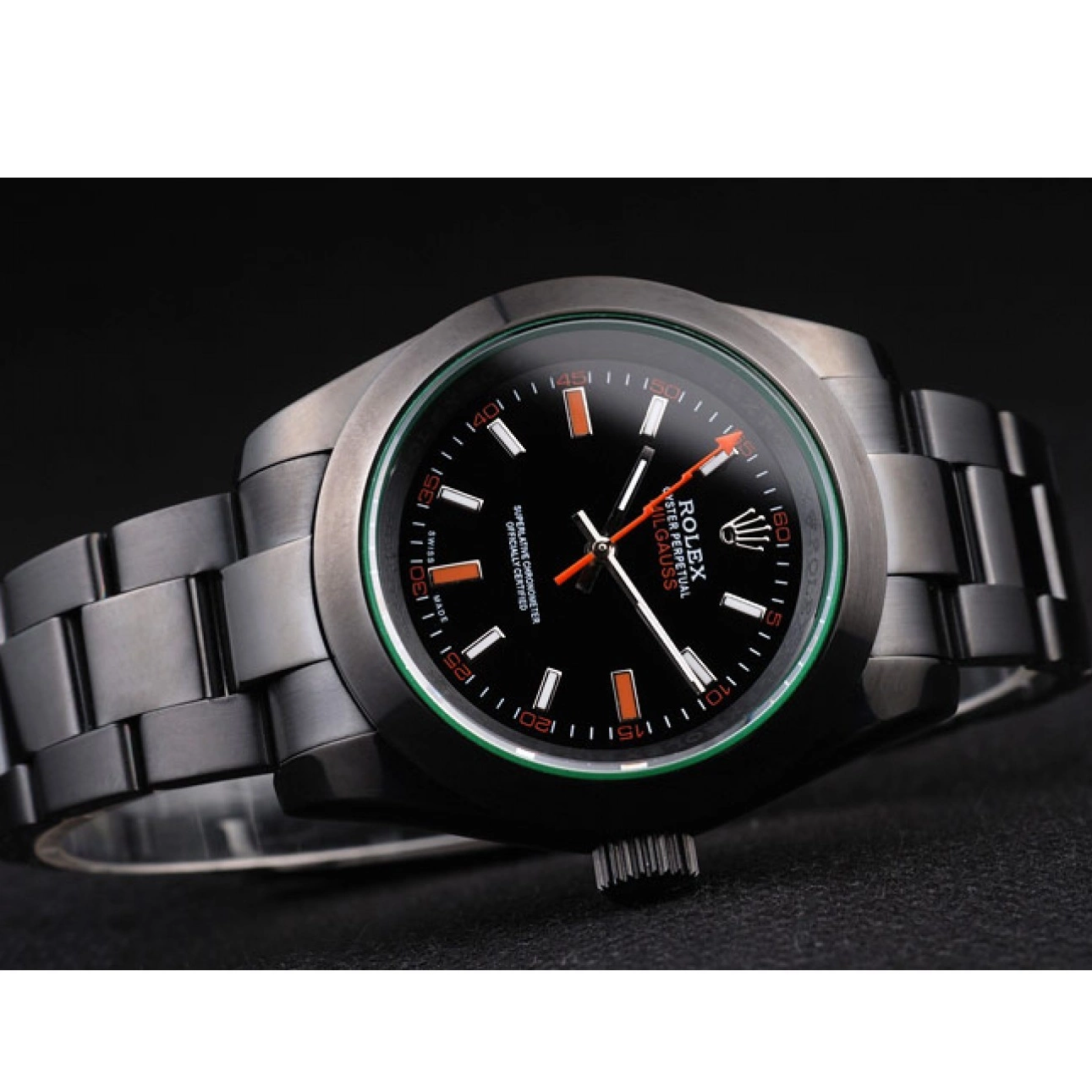 Best AAA Replica Sites Dial Pro-Hunter Saphire Tinted Rolex Milgauss Black Green 0601